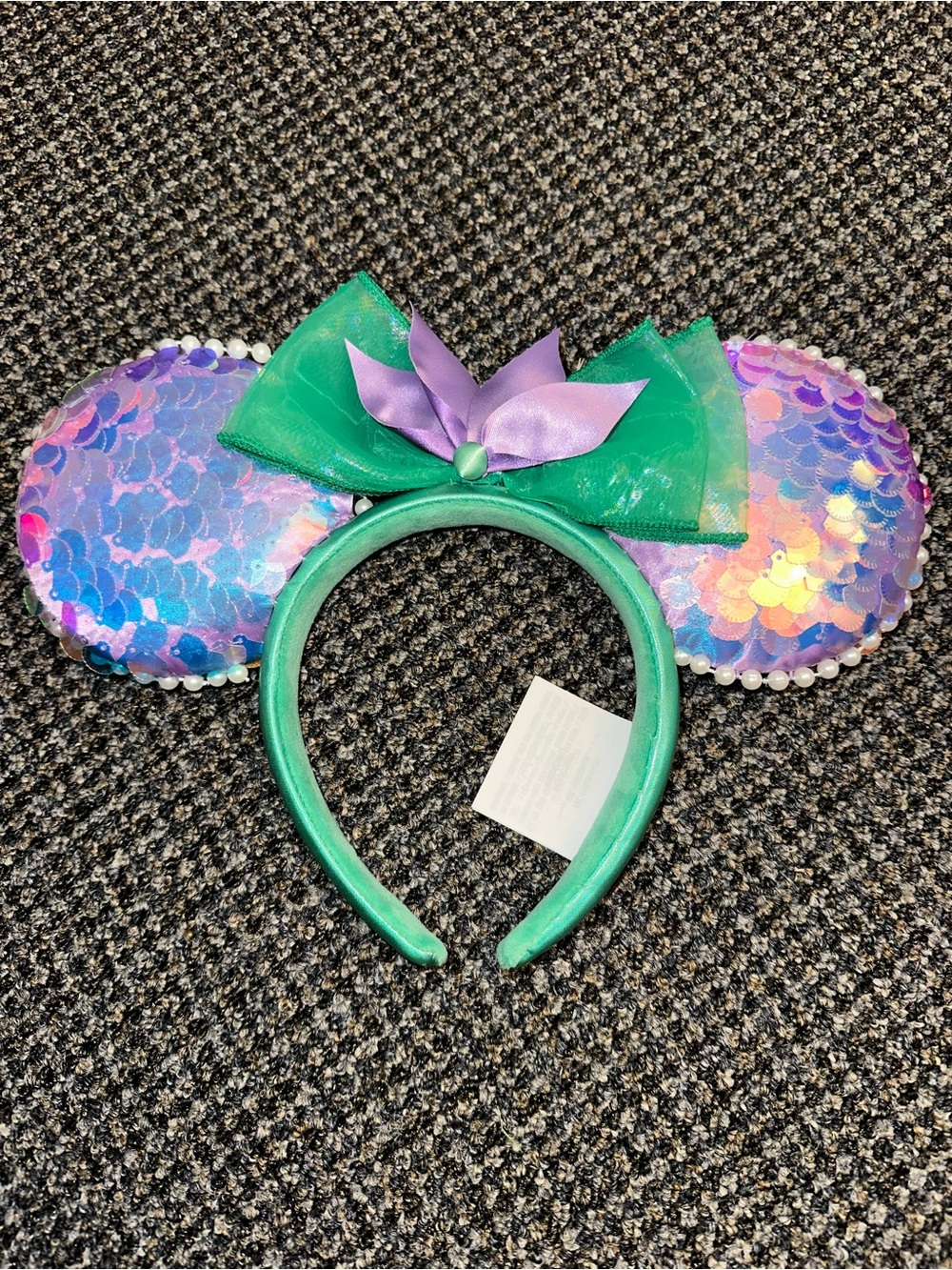 Disney Iridescent Sequin Mouse Ears Headband with Green & Purple Bow💜